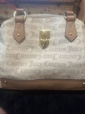 Juicy Couture Cream & Tan Monogram Satchel with Gold Hardware